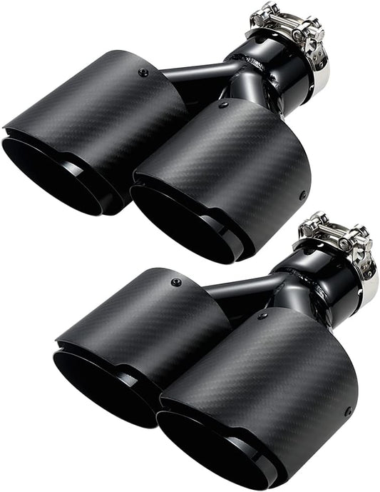 Carbon Fiber Exhaust Tip 2.5" Inlet to Dual 4" Outlet, High Temperature Resistance 9.8" Long Stainless Steel Tailpipe tip, Set of 2