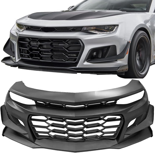 Front Bumper Compatible With 2016-2023 Chevrolet Camaro, 1LE Style Black PP Cover Conversion Lip Grille Grill Bodykit