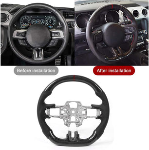 Steering Wheels Carbon Fiber Steering Wheel Preforated Leather W/ Stitching Fit for Ford Mustang EcoBoost GT Shelby GT350 /GT350R 2018-2020(Red)