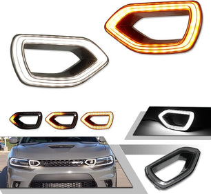 GTINTHEBOX for 2015-2021 Dodge Charger SRT Scat Pack Pig Nose Grille Lights Smoked Switchback LED White DRL Amber Sequential Turn Signal Lamp