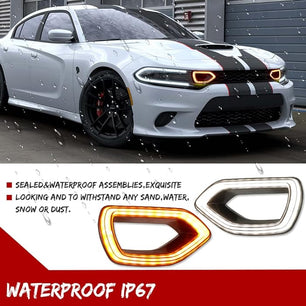 GTINTHEBOX for 2015-2021 Dodge Charger SRT Scat Pack Pig Nose Grille Lights Smoked Switchback LED White DRL Amber Sequential Turn Signal Lamp