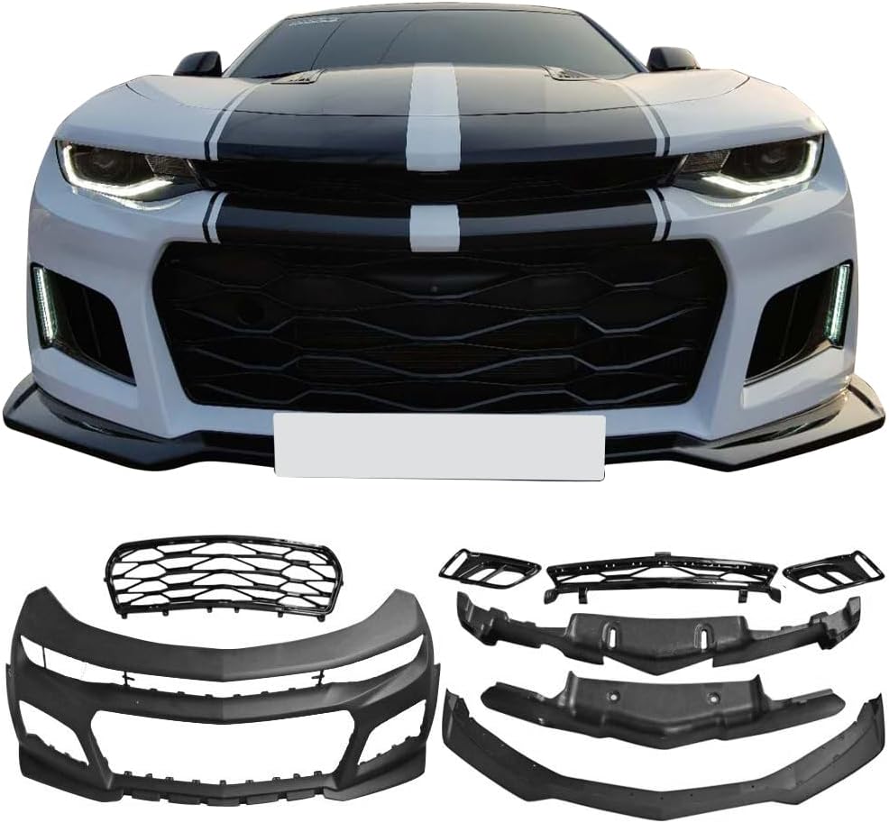 Front Bumper Compatible With 2016-2018 Chevrolet Camaro, ZL1 Style Black PP Cover Conversion Lip Grille Grill Bodykit