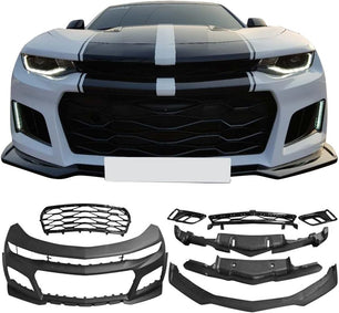 Front Bumper Compatible With 2016-2018 Chevrolet Camaro, ZL1 Style Black PP Cover Conversion Lip Grille Grill Bodykit