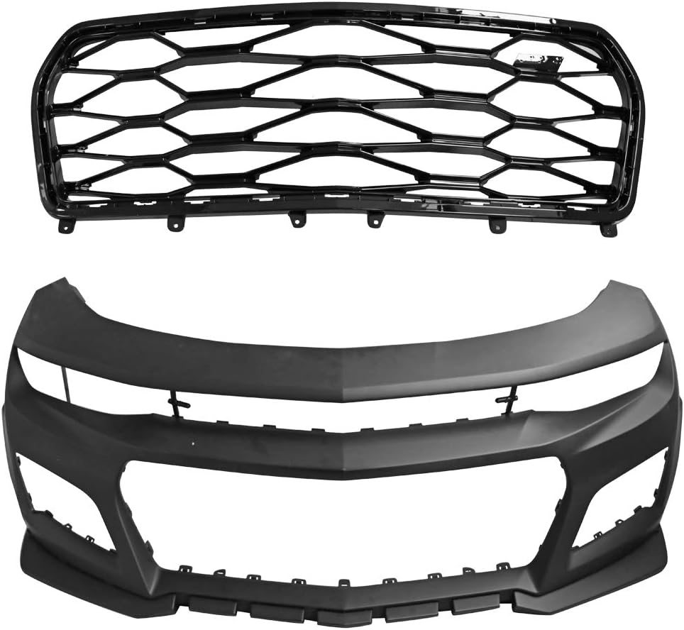 Front Bumper Compatible With 2016-2018 Chevrolet Camaro, ZL1 Style Black PP Cover Conversion Lip Grille Grill Bodykit