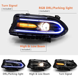 Projector Multicolor RGB Headlights Assembly Compatible with Dodge Charger 2015-2020 Halogen Model Headlamp with LED DRL & Turn Signal Lights Left & Right 