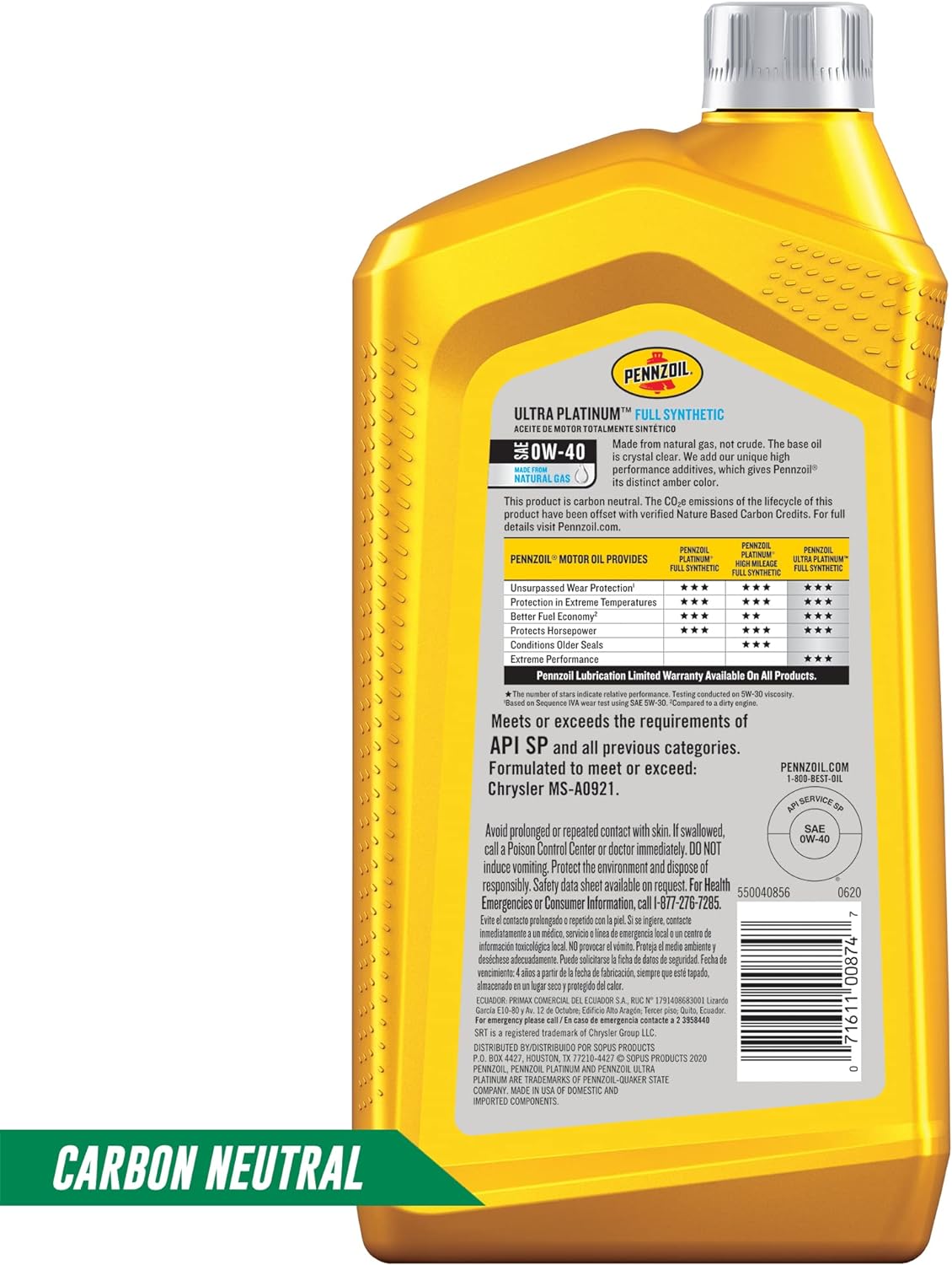 Pennzoil Ultra Platinum Full Synthetic 0W-40 Motor Oil (1 Quart, Pack of 1)