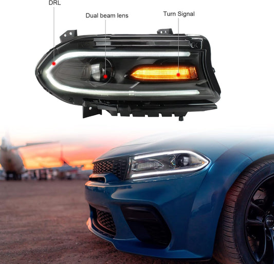 Headlights for Dodge Charger 2015-2020, Dual Beam Head Lamp Assembly with Turn Signal Light and Led Daytime Running Light