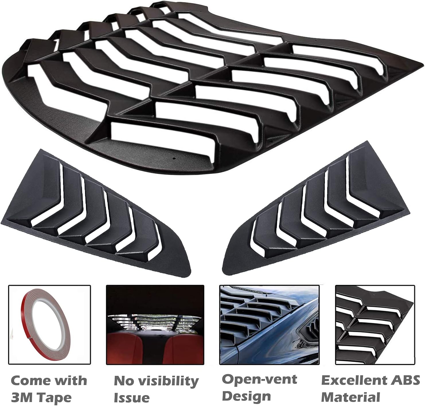 Rear & Side Window Louvers for Ford Mustang 2015-2023 in GT Lambo Style ABS Matte Black Windshield Sun Shade Cover Vent