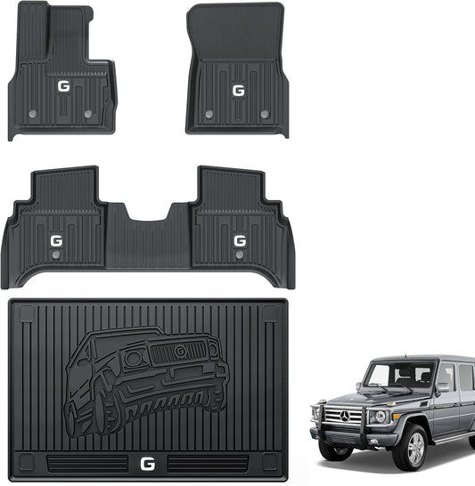 Floor Mats and Trunk Mat for Mercedes Benz G Class (2019-2023), TPE All Weather Custom Fit Floor Liner and Car Mat for Benz G Class,1st &amp; 2nd Row with Trunk Mat Full Set TPE Car Mats, Black