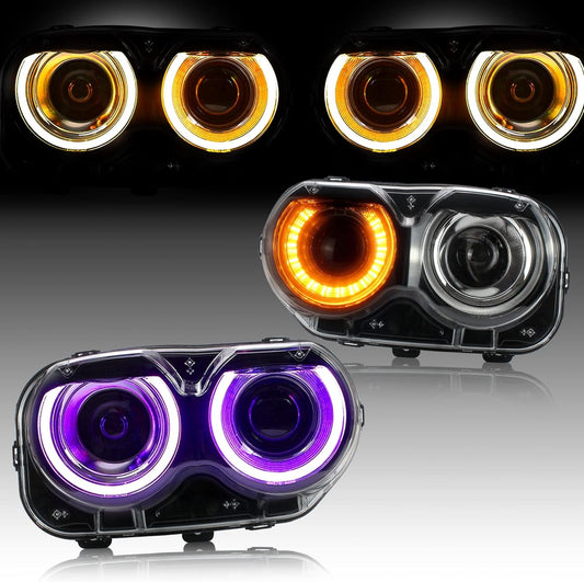 Multi Color LED Projector RGB Headlights Assembly Compatible for [Dodge Challenger SRT Hellcat Coupe 3rd gen 2015-2020 SE RT] with Dual Beam Lens Colorful DRLs